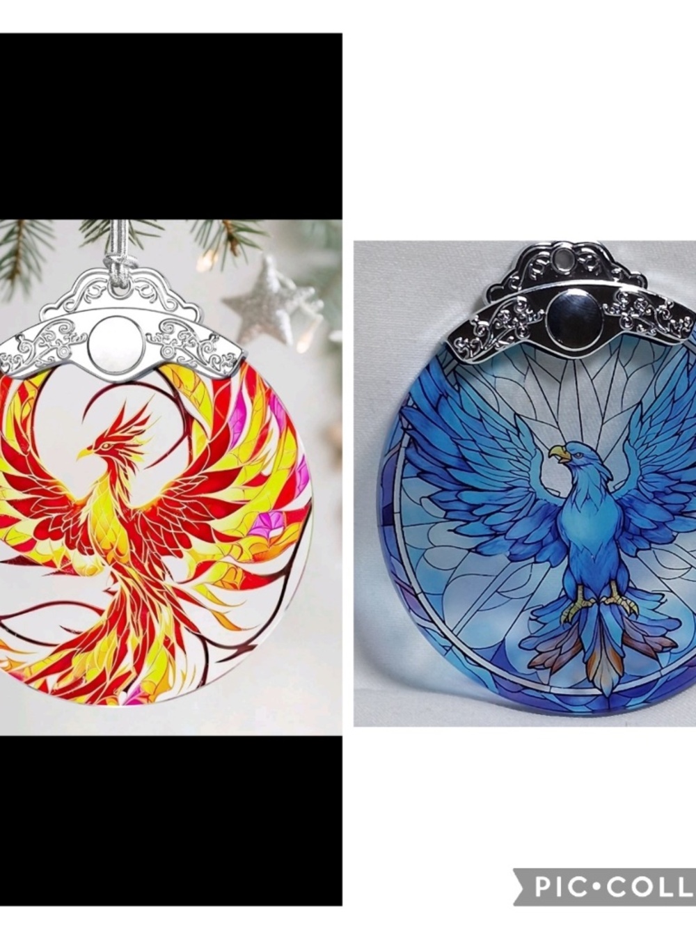 New Blue Ice Phoenix Double Sided Round Stained Glass Christmas Ornament 3.5"x3"